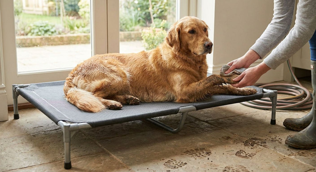 Raised dog beds for muddy paws and easy cleaning