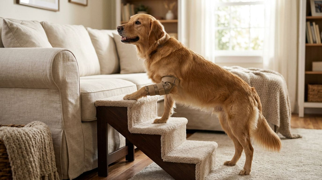 Pet stairs for dogs wearing leg braces or splints