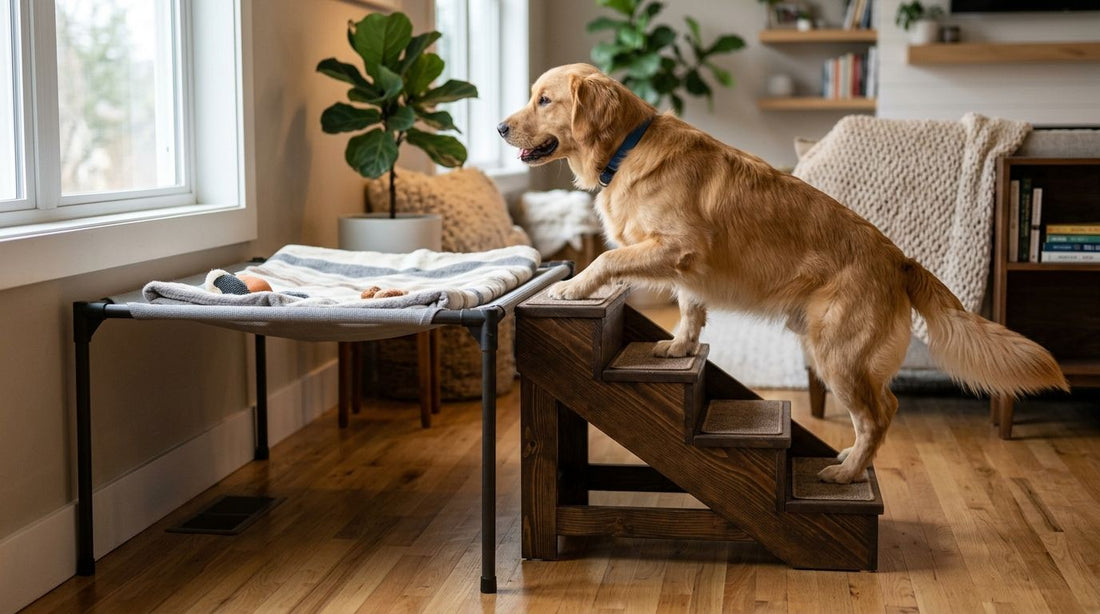 Pet stairs for reaching elevated dog beds and raised cots