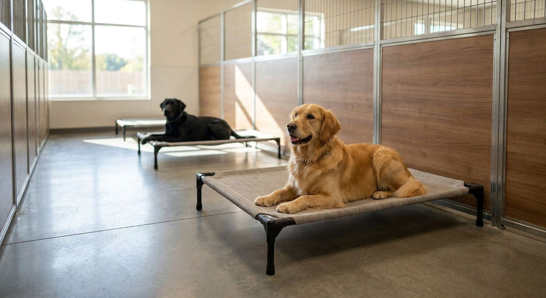 Elevated dog beds for kennels and boarding facilities